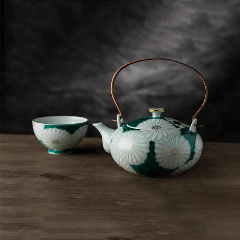 日本原産T.NISHIKAWA Kayori京燒清水燒彩繪陶瓷茶壺白菊
